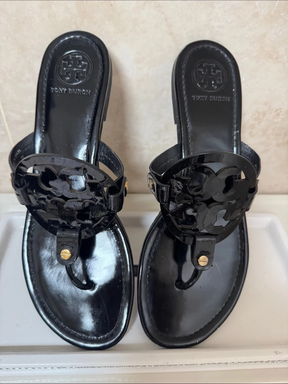 Tory Burch Black Patent Logo Thong Sandals with Gold Stud